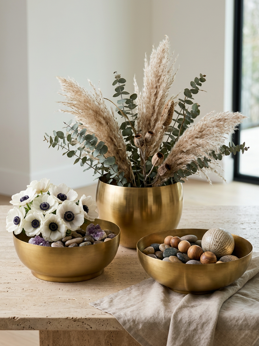 Three gold vases sit on a wooden surface; two hold white flowers with green leaves, while the third vase is empty. The background is a beige textured wall.