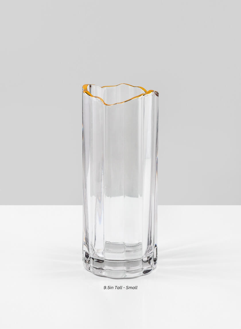 Waves Gold Rim Faceted Vase Decor Jamali-garden Clear/Gold 9.5in Tall - Small EACH