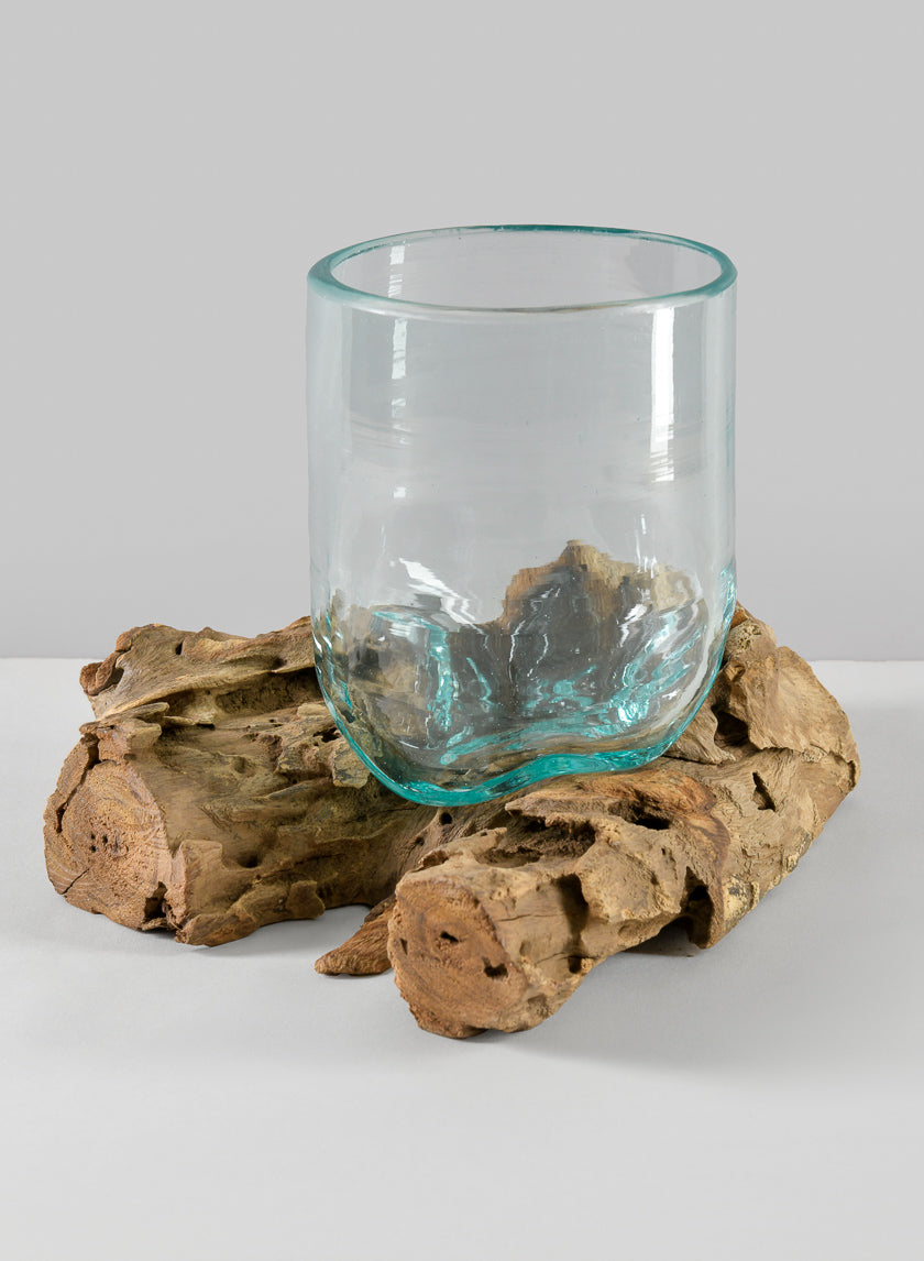 Jakarta Teak Stump With Glass Cylinder, Large Decor Jamali-garden