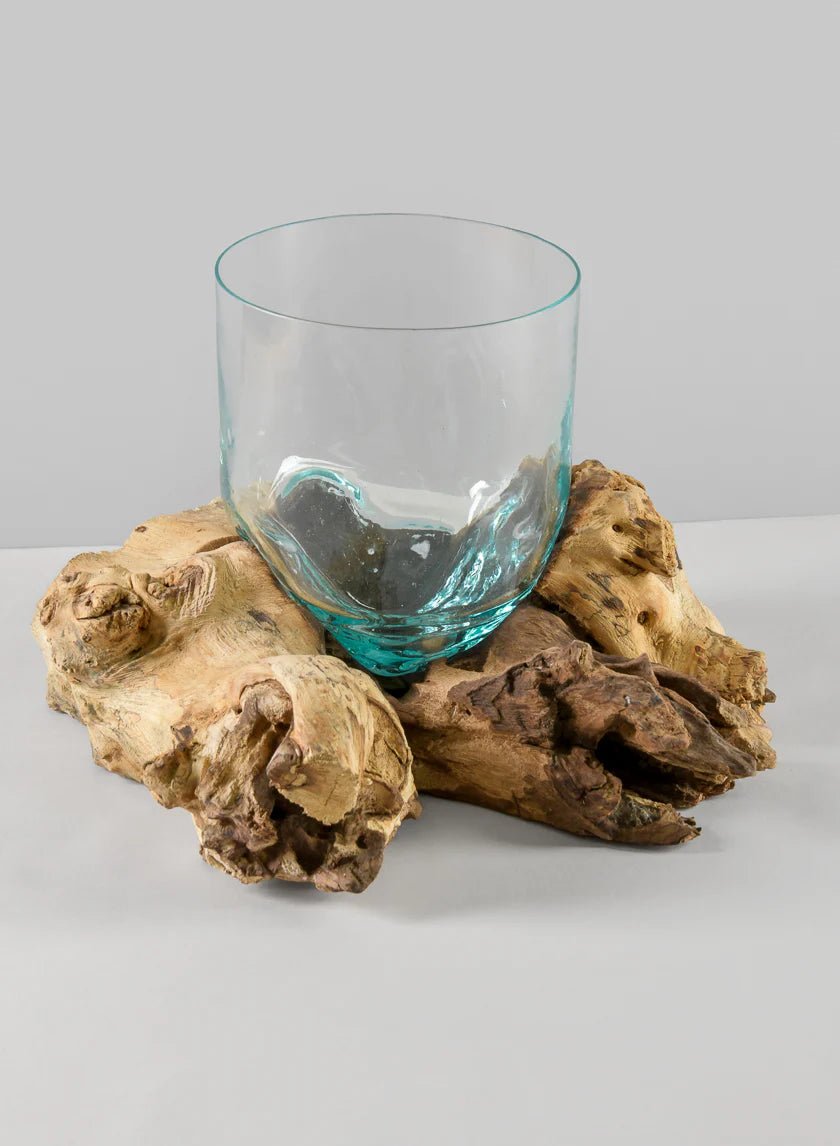 Jakarta Teak Stump With Glass Cylinder, Small Decor Jamali-garden