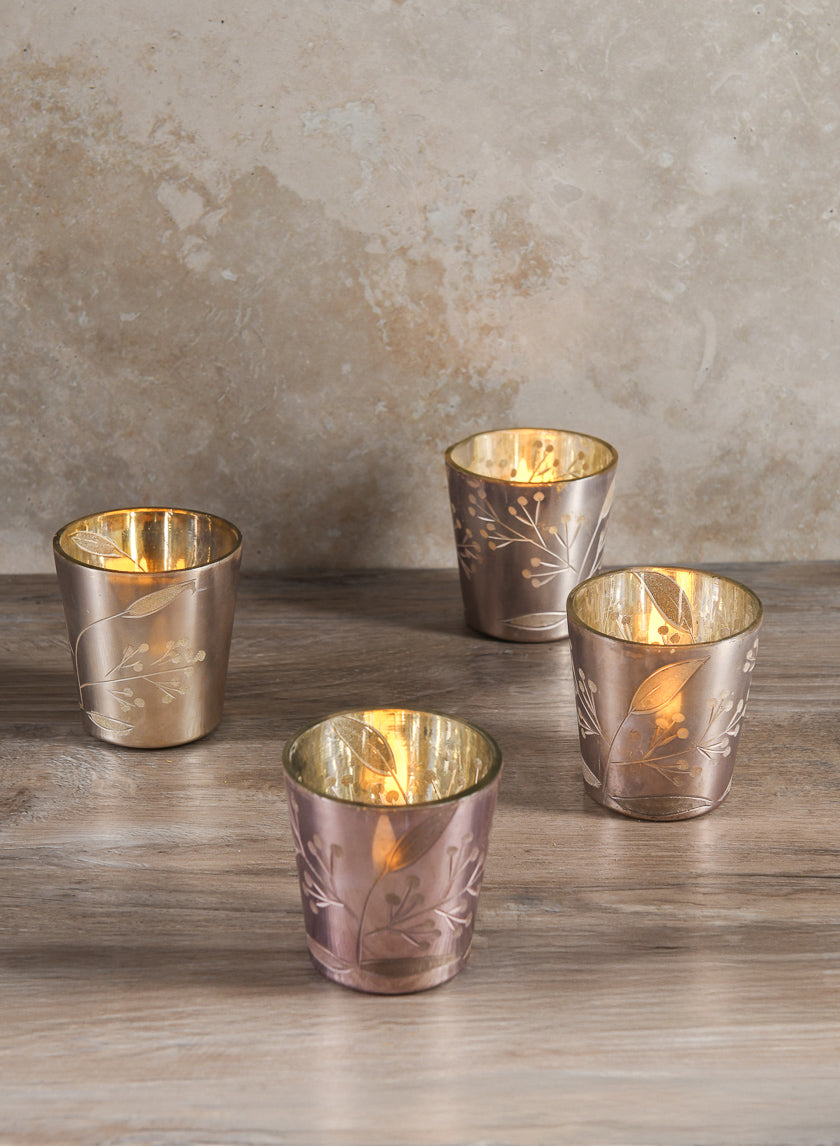 2.5in Tall Elizha Etched Leaf Burned Silver Votive Candleholder Decor Jamali-garden
