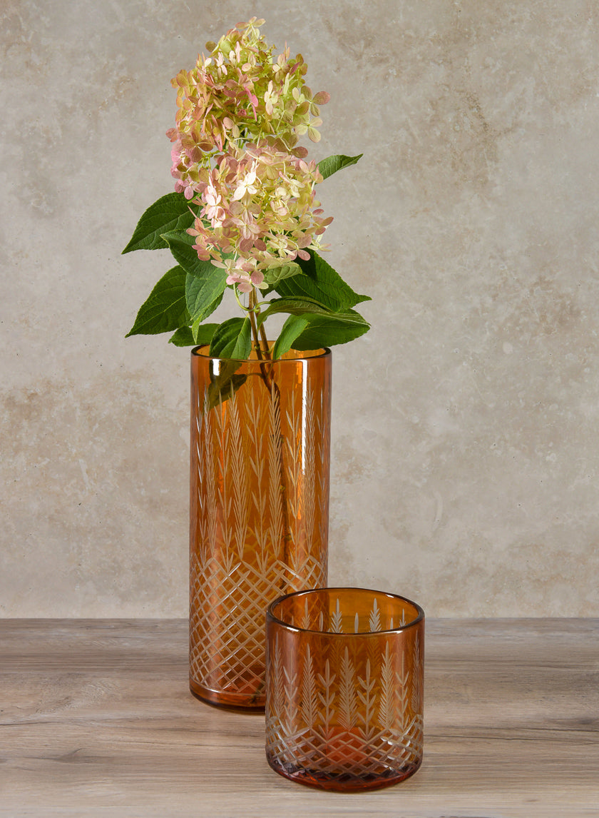 10in Tall Almira Palm Amber Cut Work Cylinder Glass Vase Decor Jamali-garden