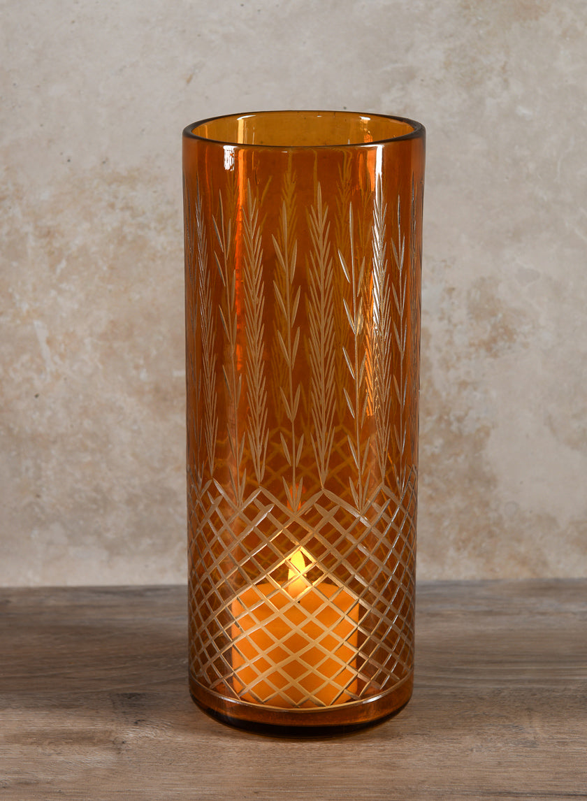 10in Tall Almira Palm Amber Cut Work Cylinder Glass Vase Decor Jamali-garden
