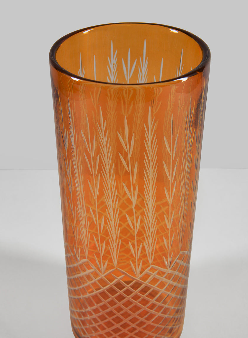 10in Tall Almira Palm Amber Cut Work Cylinder Glass Vase Decor Jamali-garden