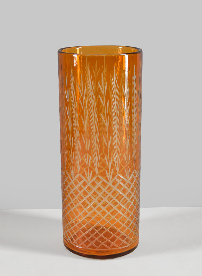 10in Tall Almira Palm Amber Cut Work Cylinder Glass Vase Decor Jamali-garden