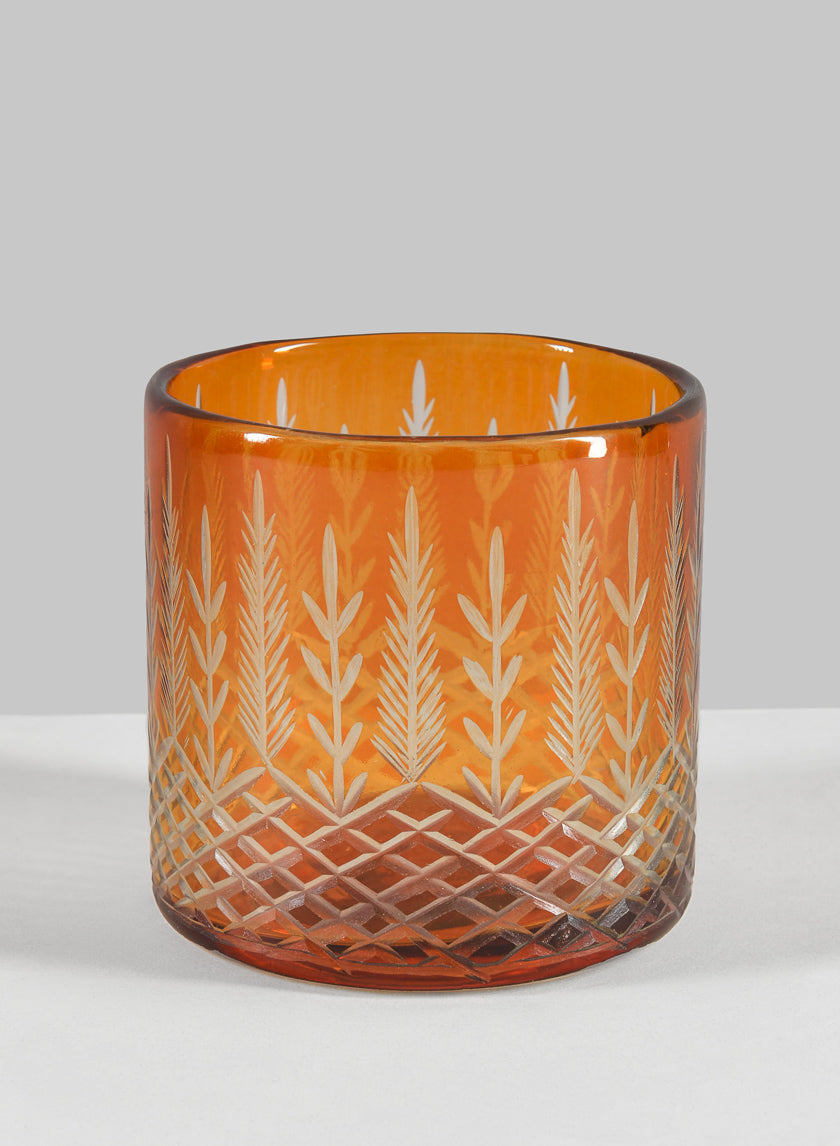 4in Tall Almira Palm Amber Cut Work Cylinder Glass Candleholder Decor Jamali-garden