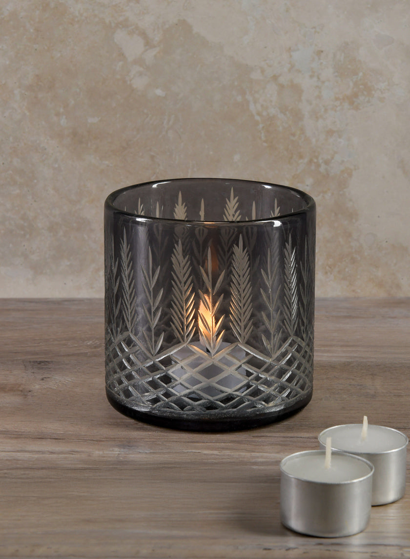 4in Tall Almira Palm Smoke Gray Cut Work Cylinder Glass Candleholder Decor Jamali-garden