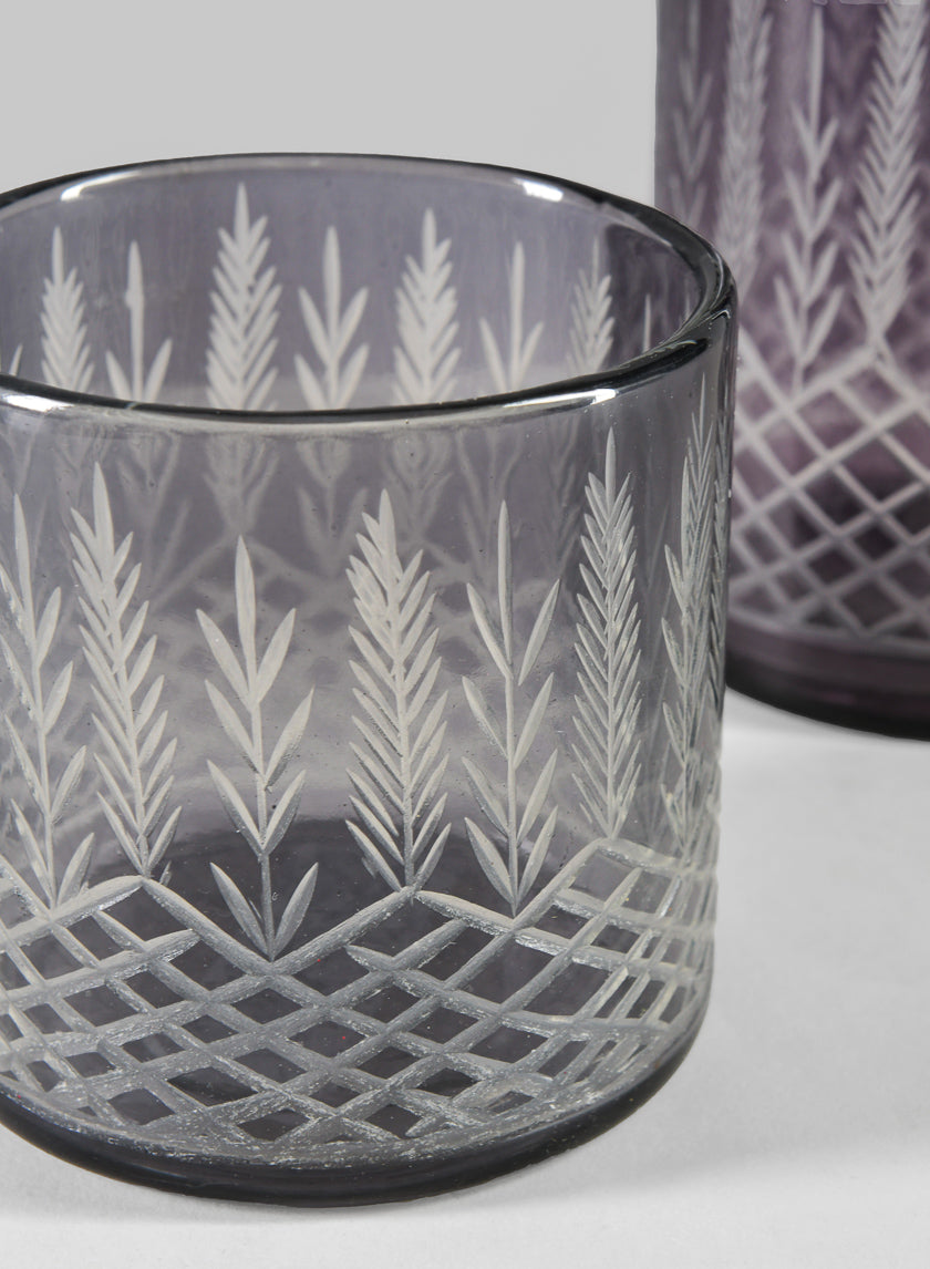 4in Tall Almira Palm Smoke Gray Cut Work Cylinder Glass Candleholder Decor Jamali-garden