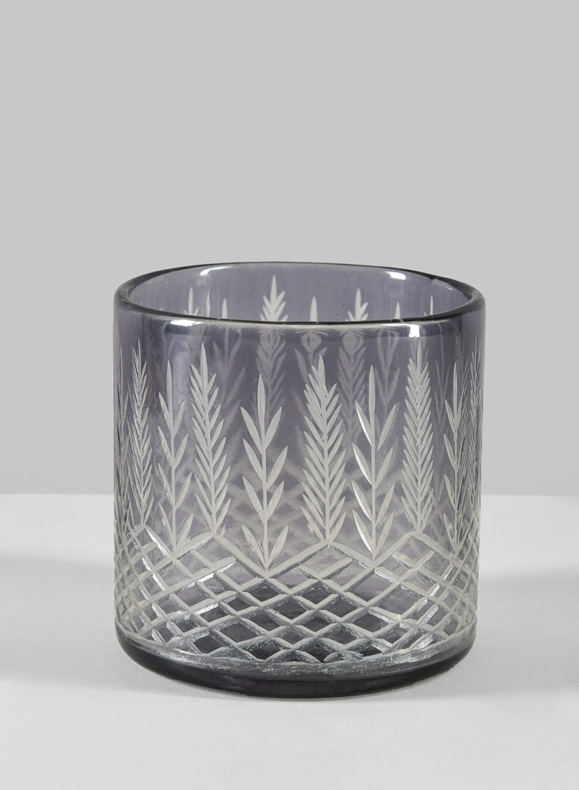 4in Tall Almira Palm Smoke Gray Cut Work Cylinder Glass Candleholder Decor Jamali-garden