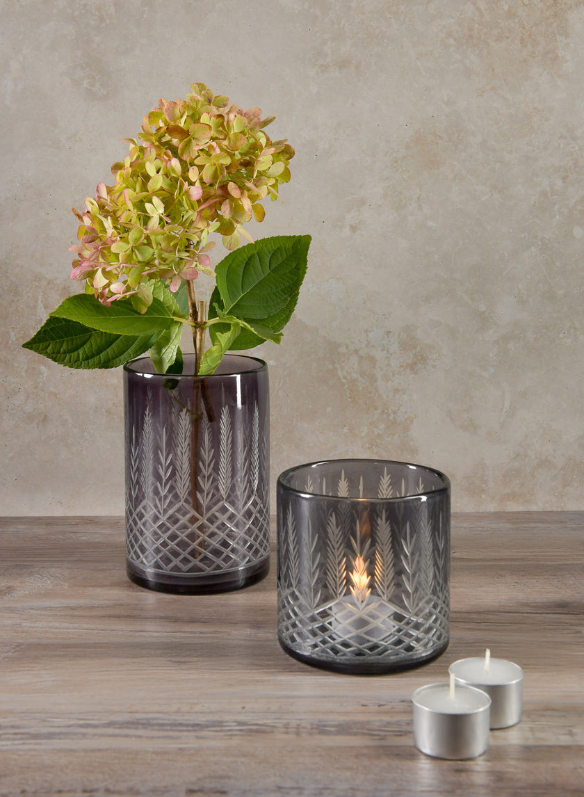 6in Tall Almira Palm Smoke Gray Cut Work Cylinder Glass Vase Decor Jamali-garden