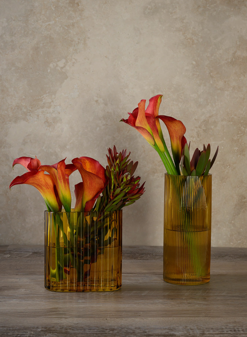 Amber Pleated Glass Cylinder and Oval Vase Decor Jamali-garden