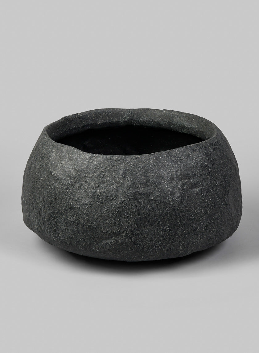 16in Wide Shirak Poly-Stone Rough Black Deep Bowl Decor Jamali-garden