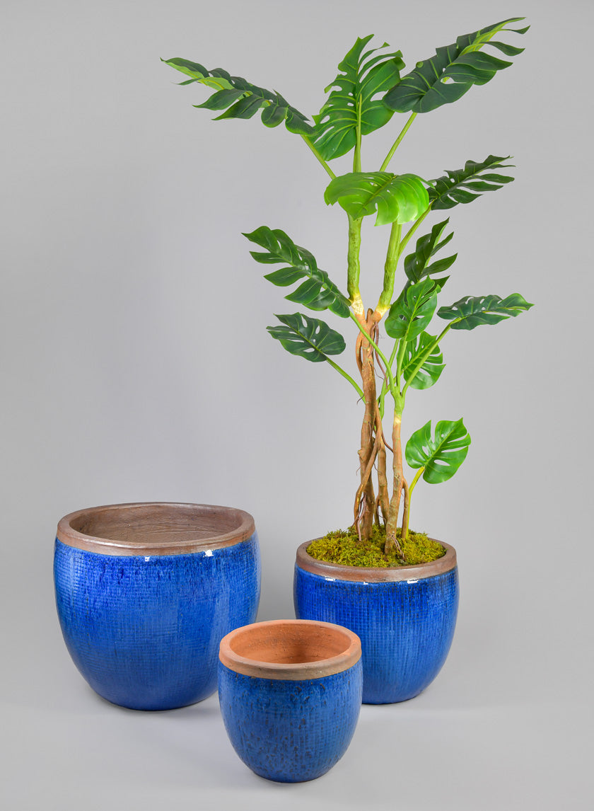 Rimmed Clay &amp; Ceramic Planter Bowl, Santorini Blue Decor Jamali-garden