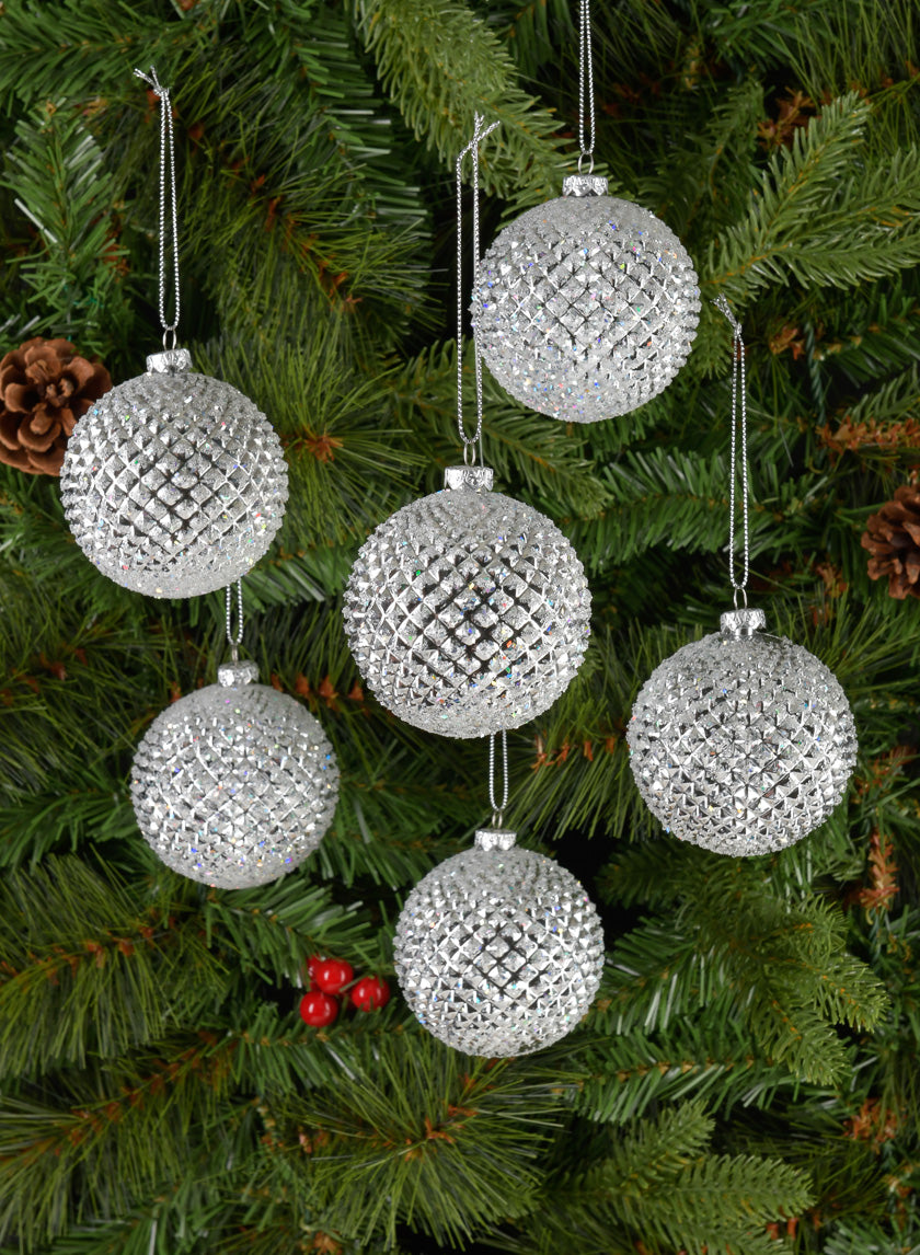 3in Round Silver Glitter Durian Ball Ornament, Set of 6 Decor Jamali-garden