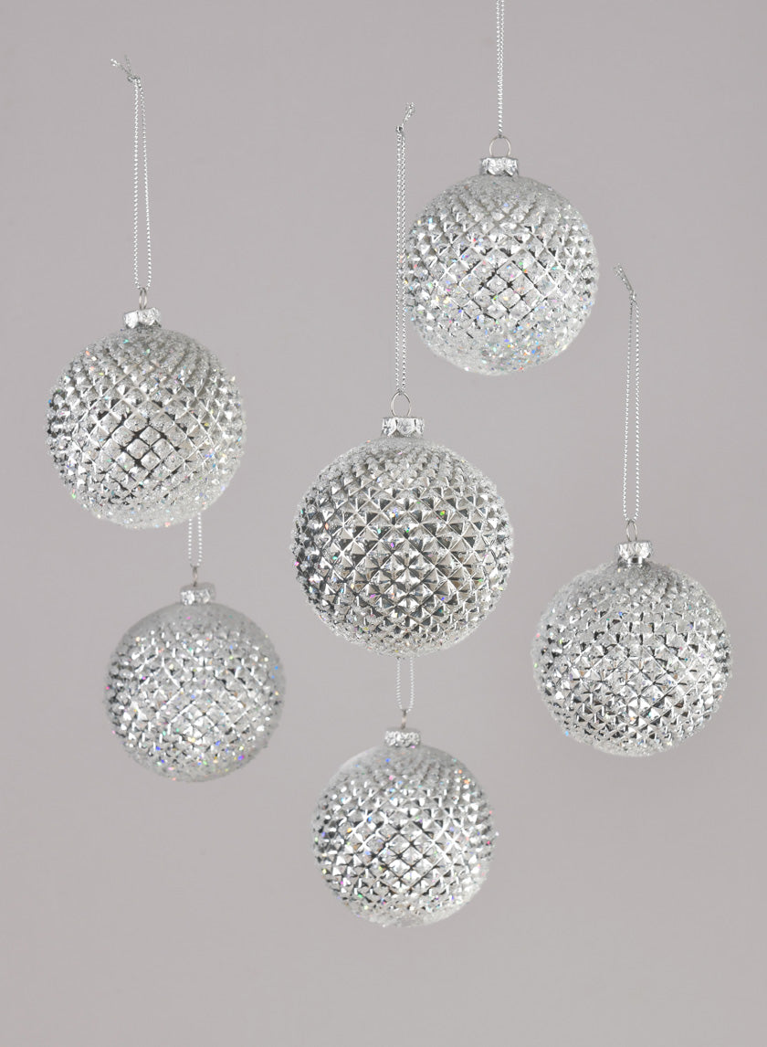3in Round Silver Glitter Durian Ball Ornament, Set of 6 Decor Jamali-garden
