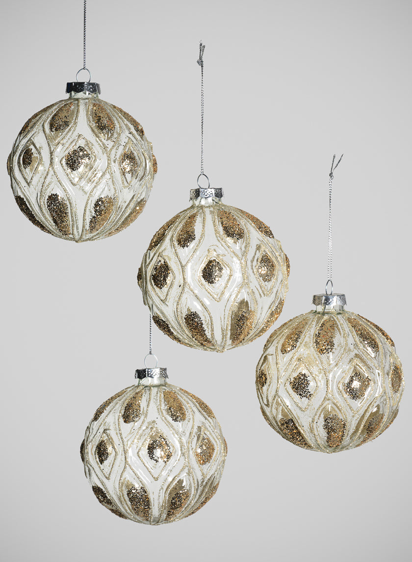 4in Round Royal Gold Glitter Glass Ornament, Set of 4 Decor Jamali-garden