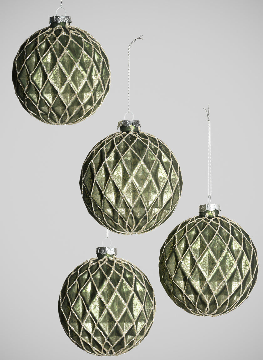 4in Round Gilded Antique Silver Forest Pine Green Glass Ornament, Set of 4 Decor Jamali-garden