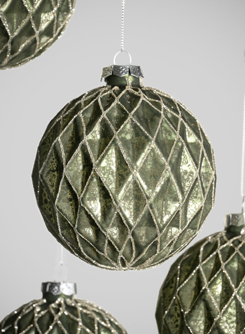 4in Round Gilded Antique Silver Forest Pine Green Glass Ornament, Set of 4 Decor Jamali-garden
