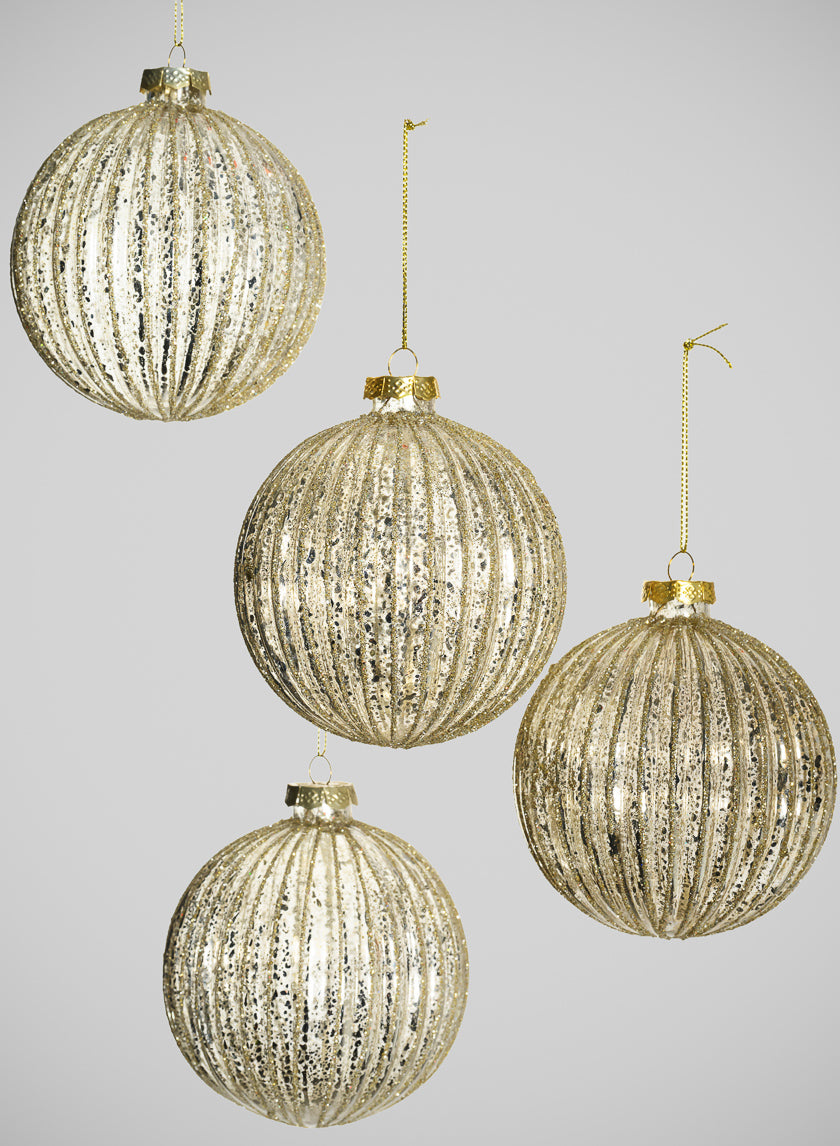 4in Round Gilded Pleated Antique Silver Glass Ornament, Set of 4 Decor Jamali-garden