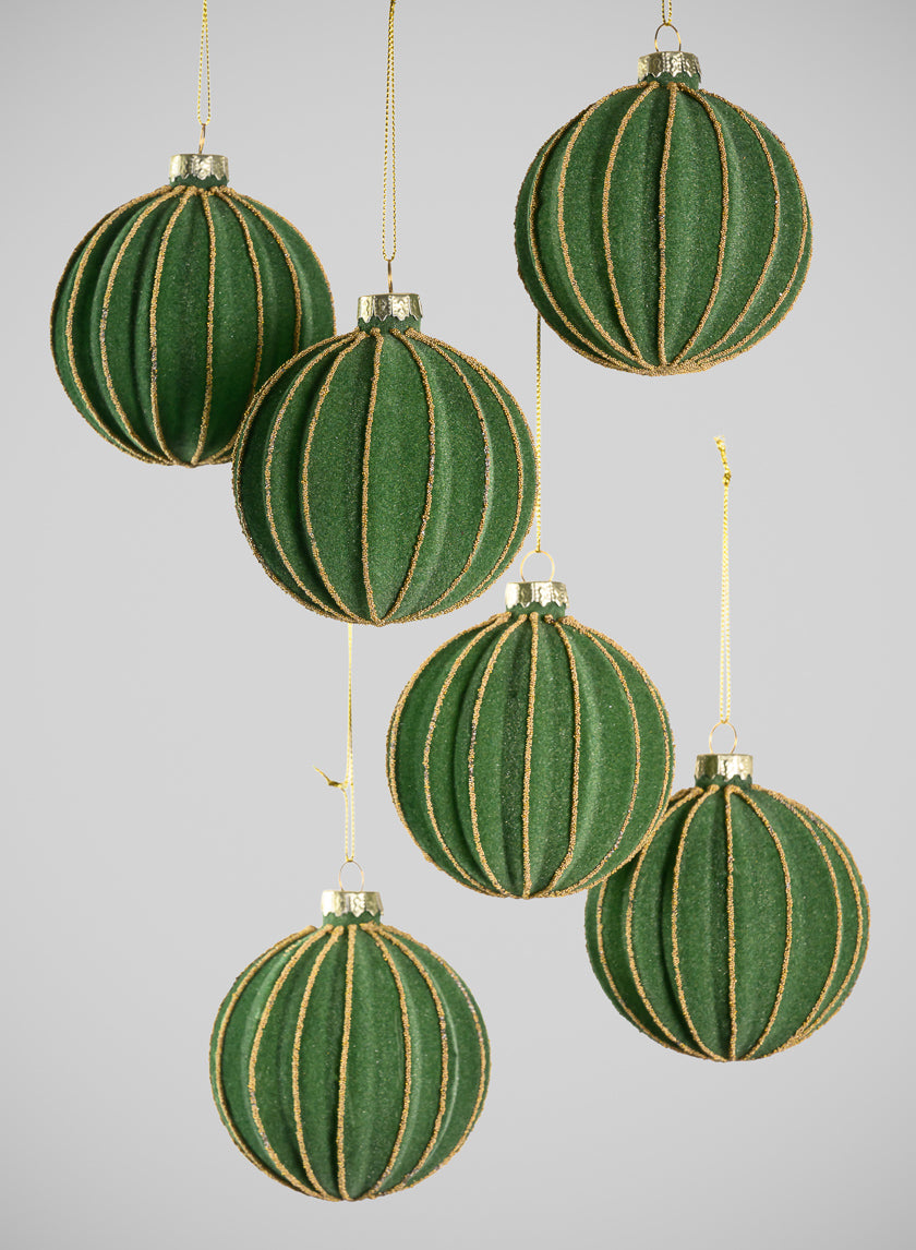 3in Round Gold Lined Christmas Green Velvet Glass Ornament, Set of 6 Decor Jamali-garden