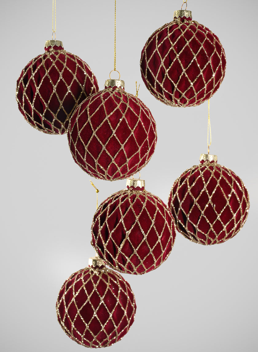 3in Round Gilded Gold Lined Burgundy Velvet Glass Ornament, Set of 6 Decor Jamali-garden