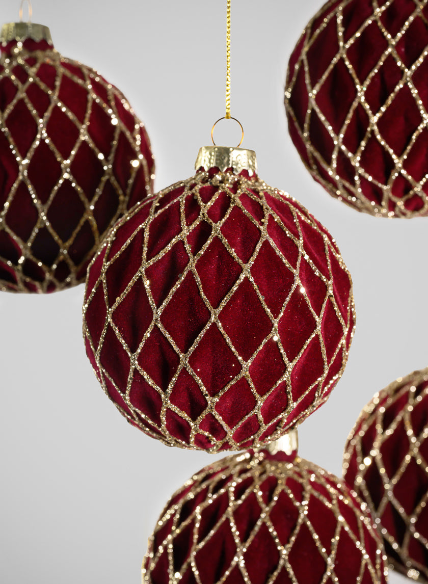 3in Round Gilded Gold Lined Burgundy Velvet Glass Ornament, Set of 6 Decor Jamali-garden