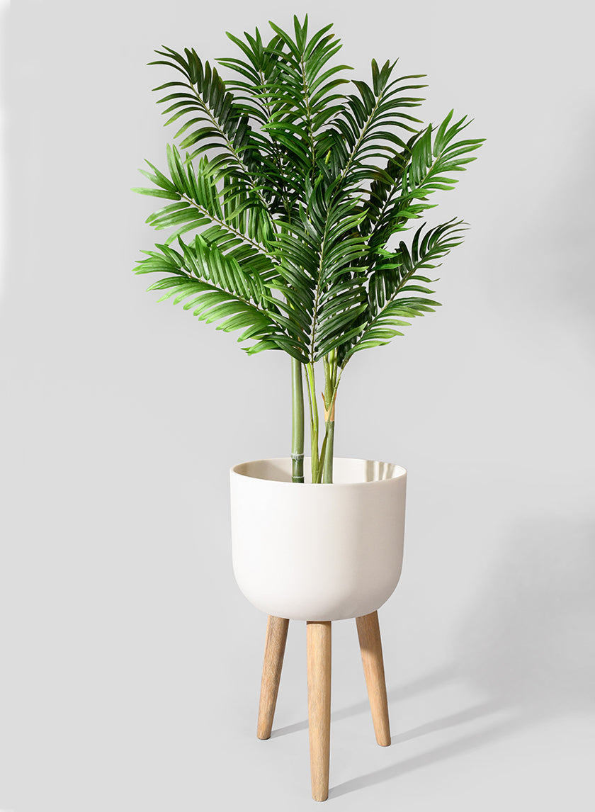 24.5in Tall White Sandstone Round Pot On Wooden Leg Decor Jamali-garden