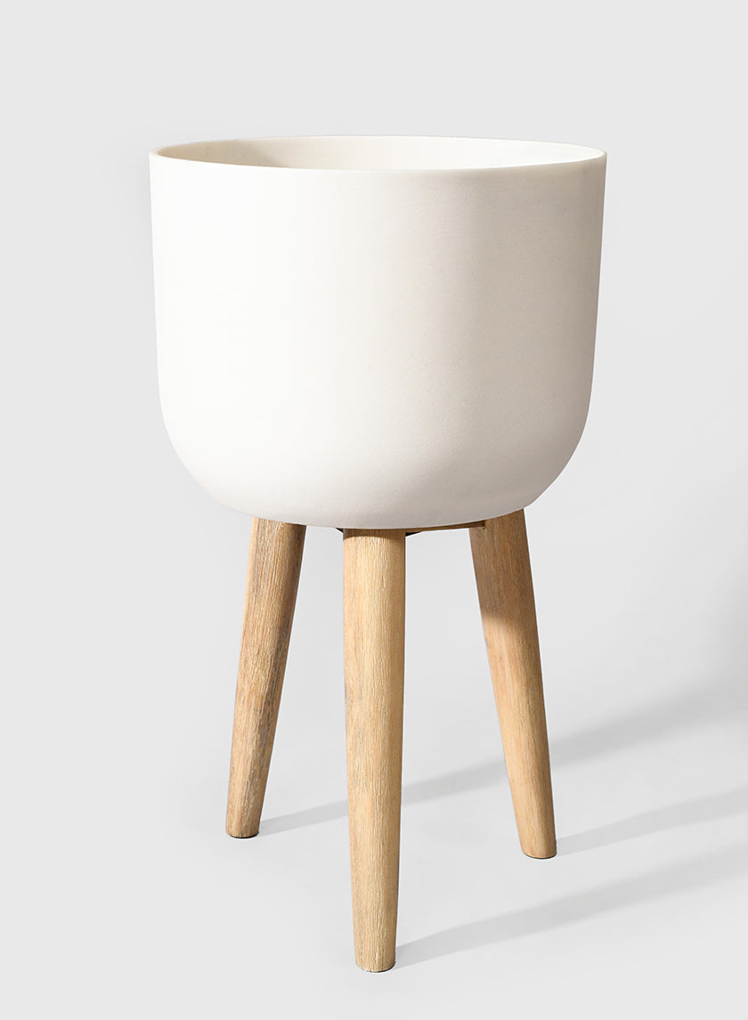 24.5in Tall White Sandstone Round Pot On Wooden Leg Decor Jamali-garden