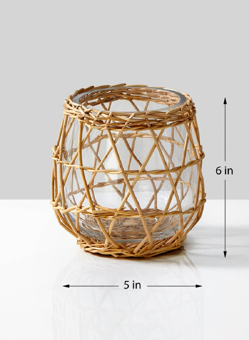 Hanoi Market Wicker &amp; Glass Candleholder Decor Jamali-garden
