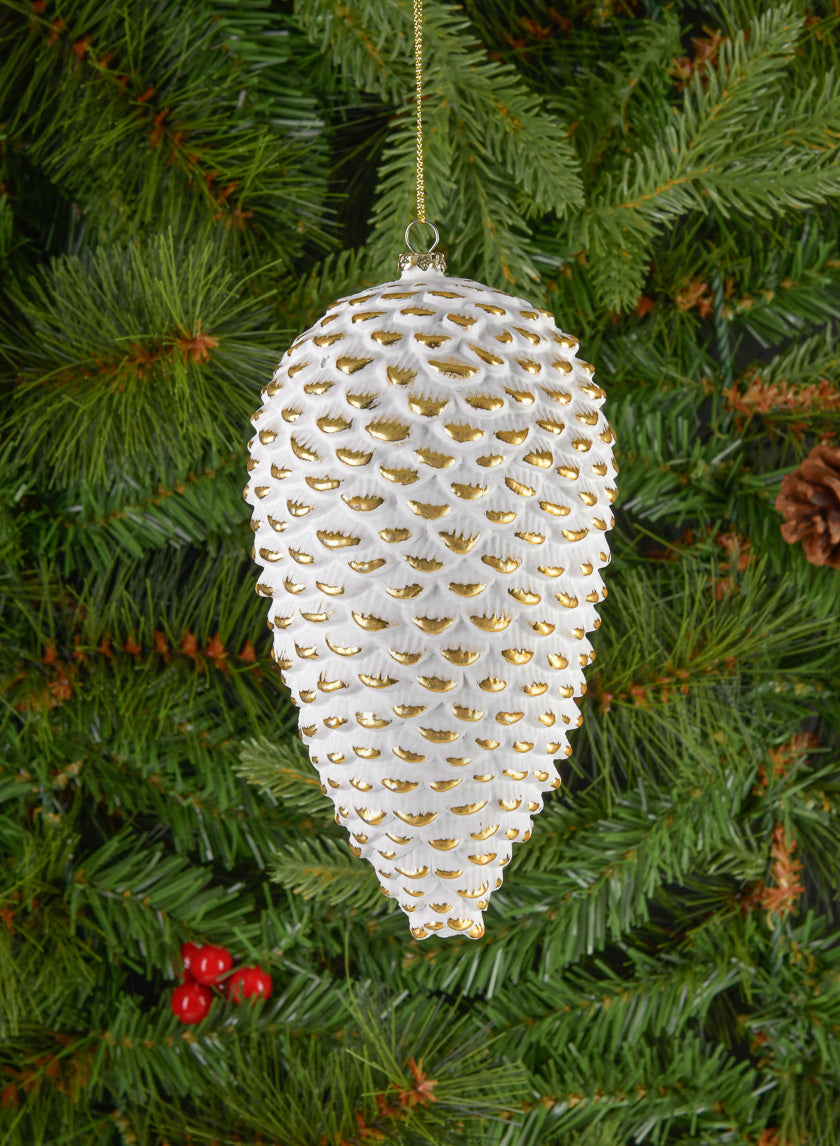 7in Long Etched Gold White Pinecone Decor Jamali-garden