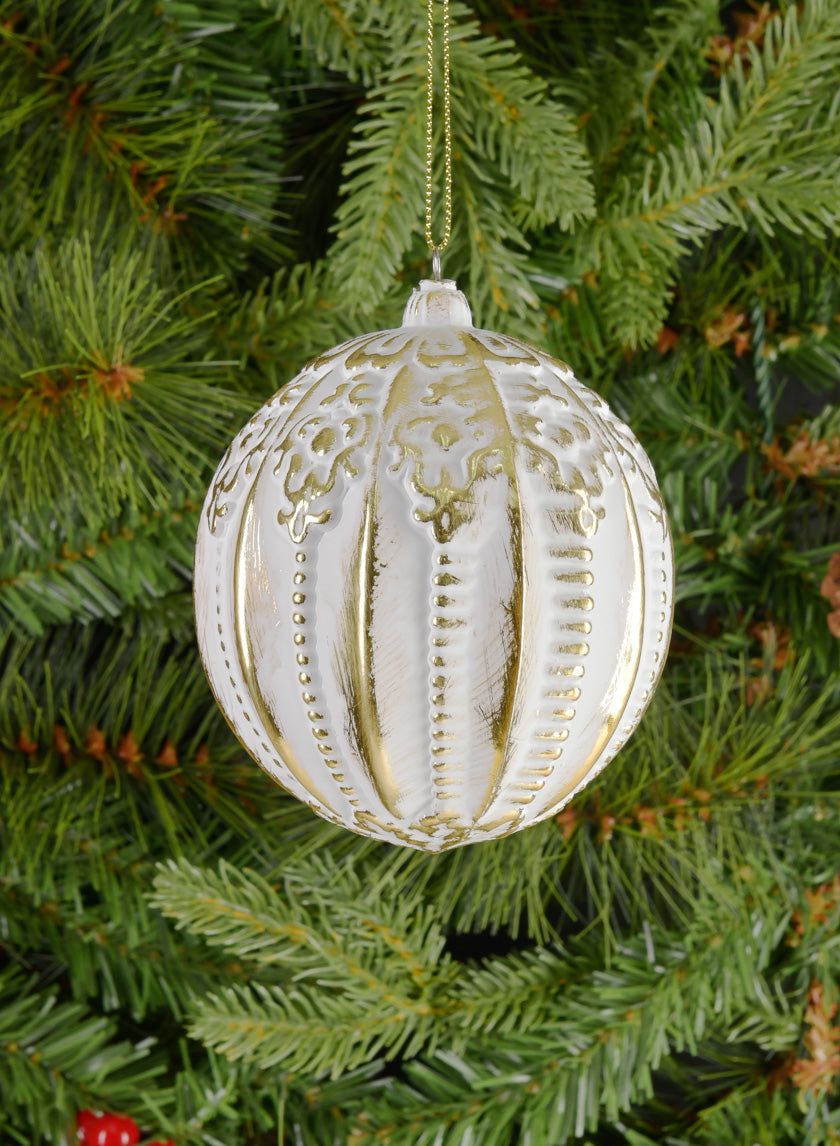 4in Round Royal Etched Gold White Ornament Decor Jamali-garden