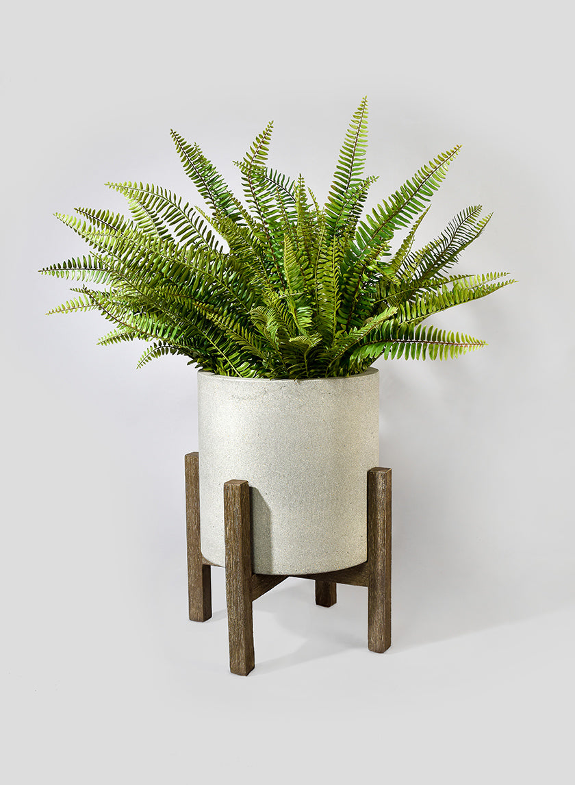 17.75in Tall Round Ficonstone Floor Pot With Brown Acacia Wood Legs Decor Jamali-garden