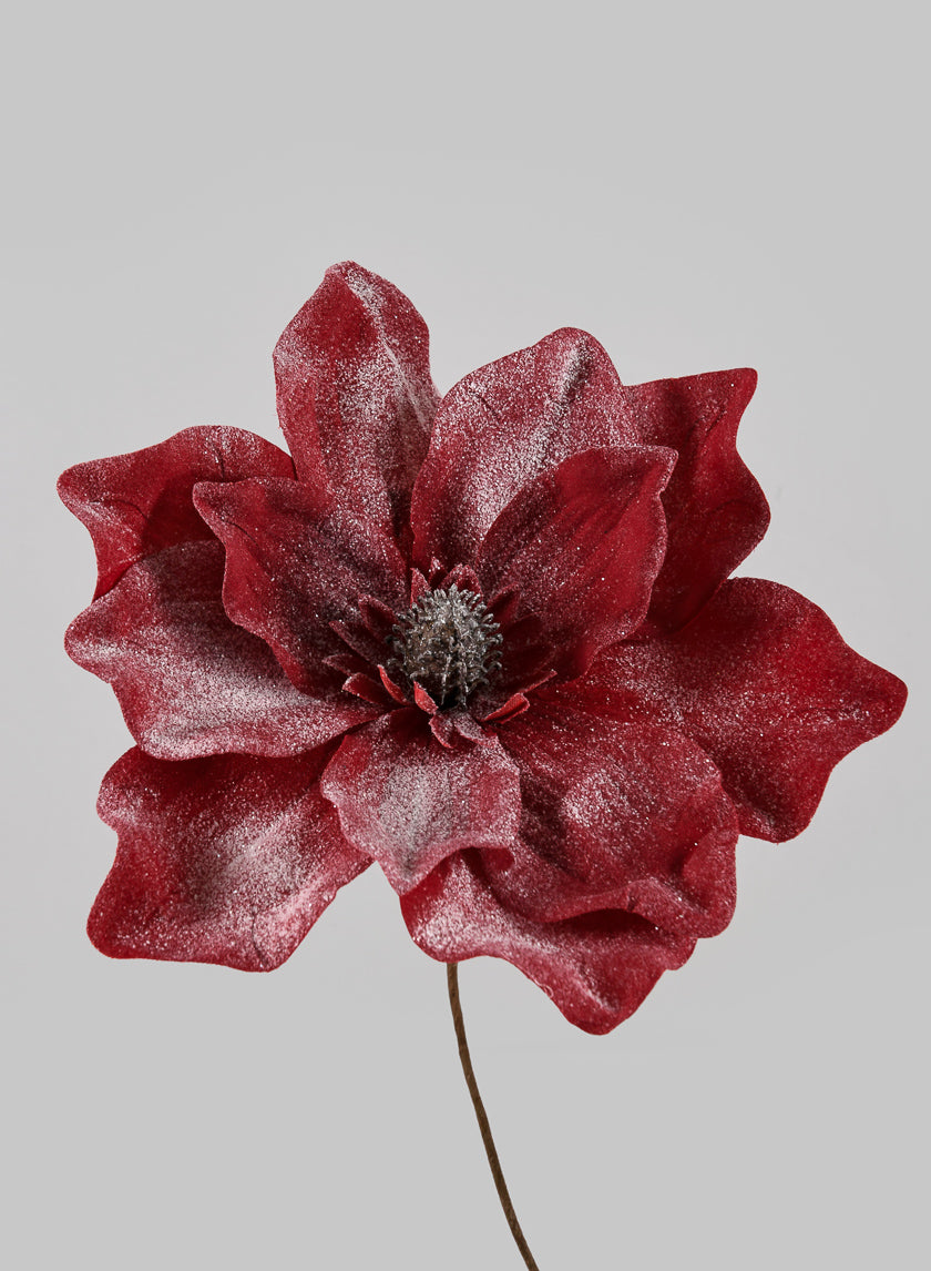 8in Long White Glittered Red Magnolia Pick Decor Jamali-garden