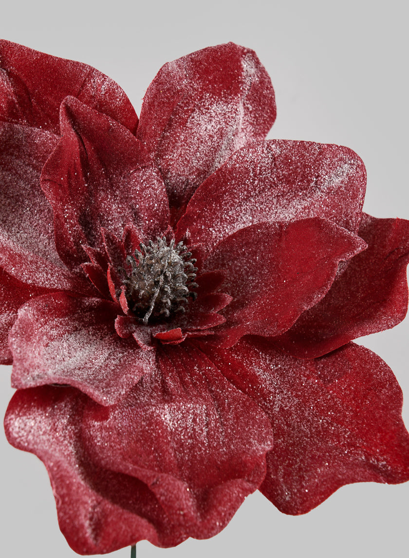 8in Long White Glittered Red Magnolia Pick Decor Jamali-garden