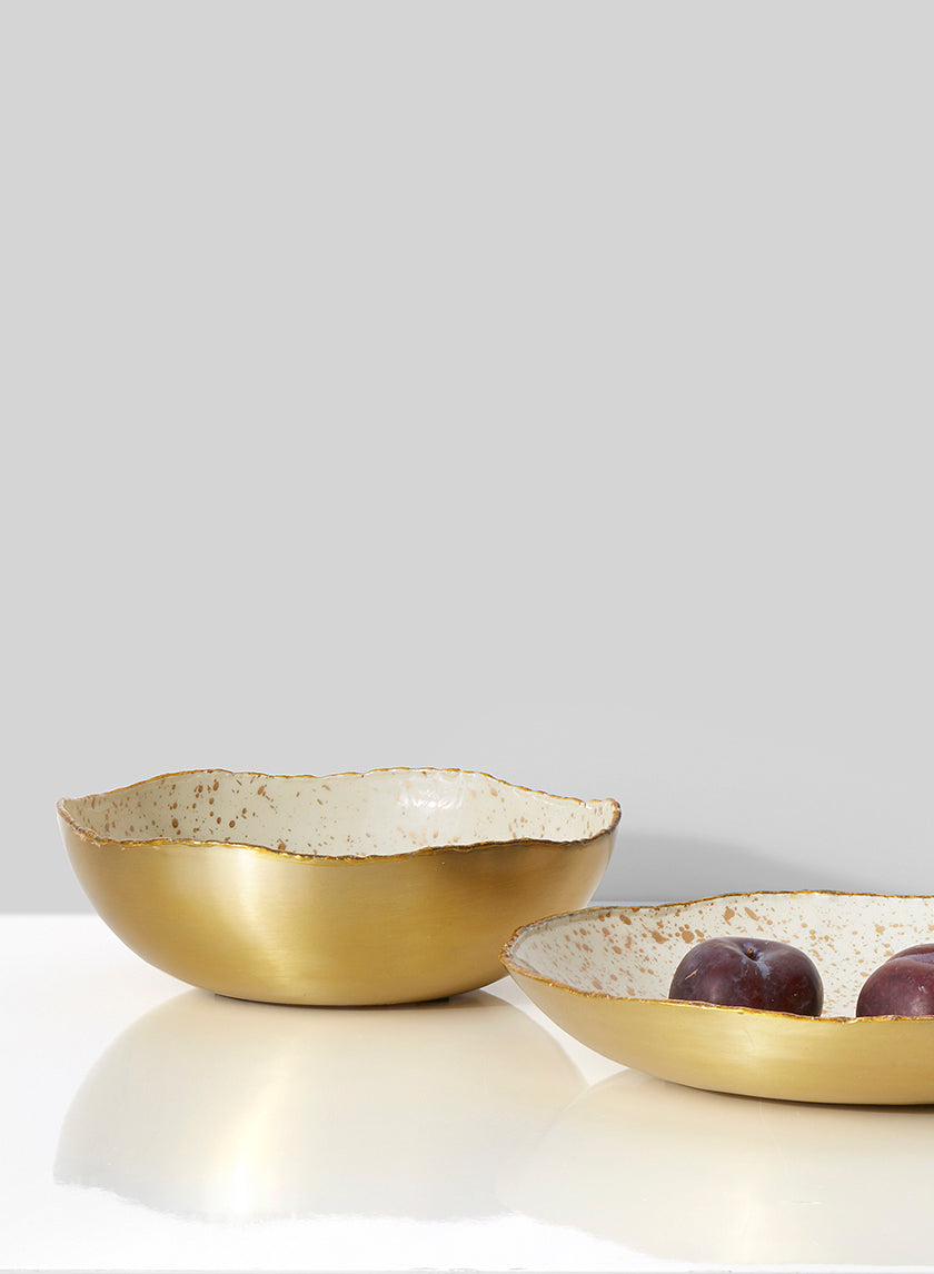 8.5in Wide Gold &amp; Ivory Speckled Enamel Bowl Decor Jamali-garden