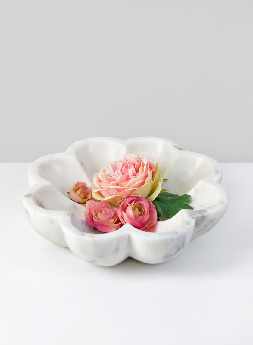 8in Wide Ashgabat White Marble Petal Tray Decor Jamali-garden