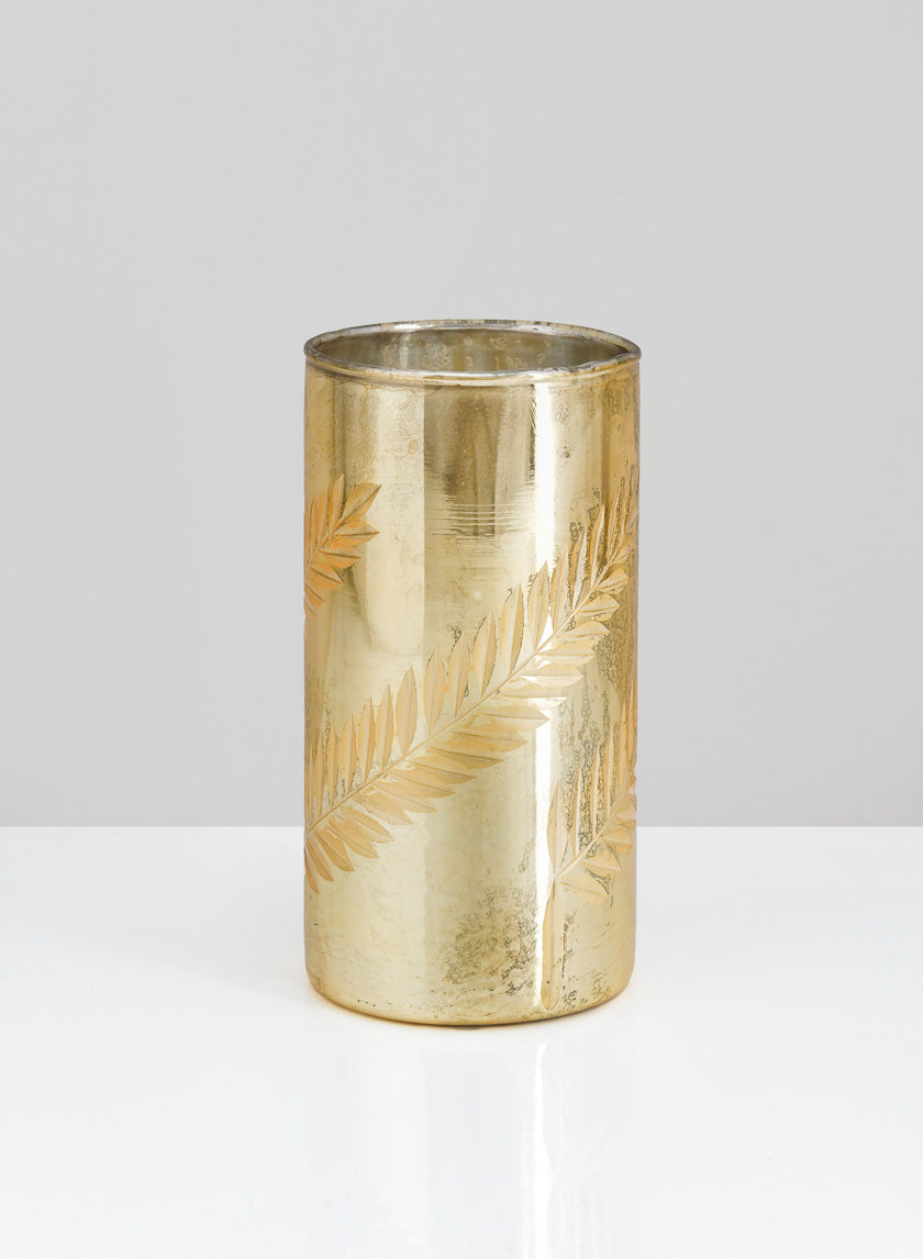 5.75in Tall Palm Etched Gold Mercury Glass Cylinder Decor Jamali-garden