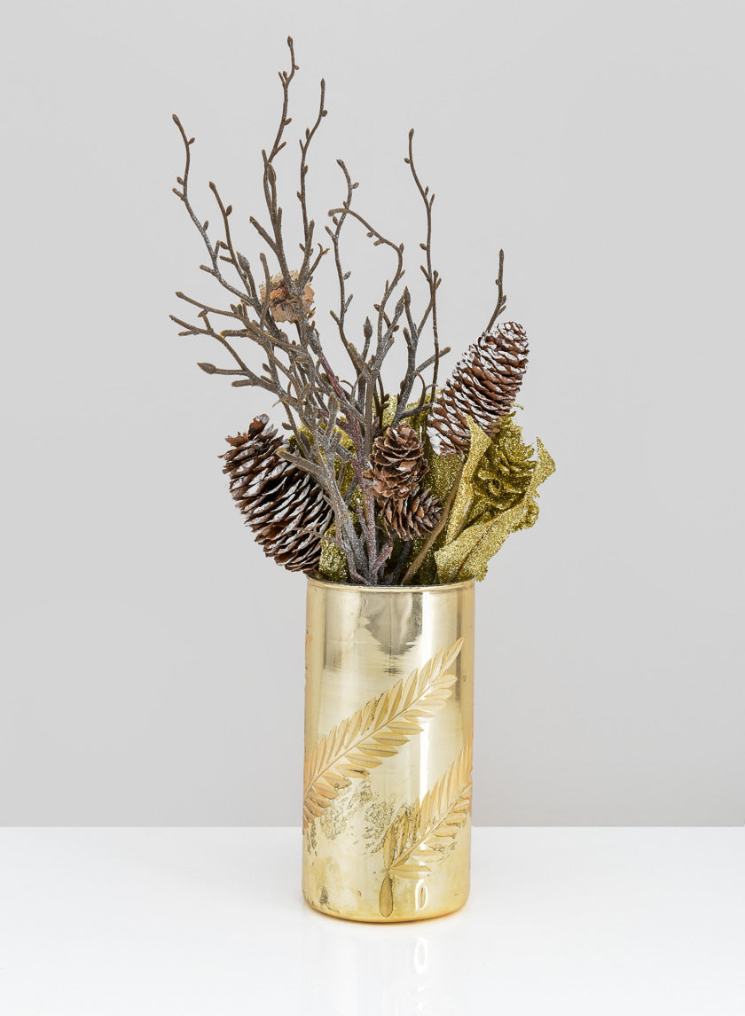 5.75in Tall Palm Etched Gold Mercury Glass Cylinder Decor Jamali-garden