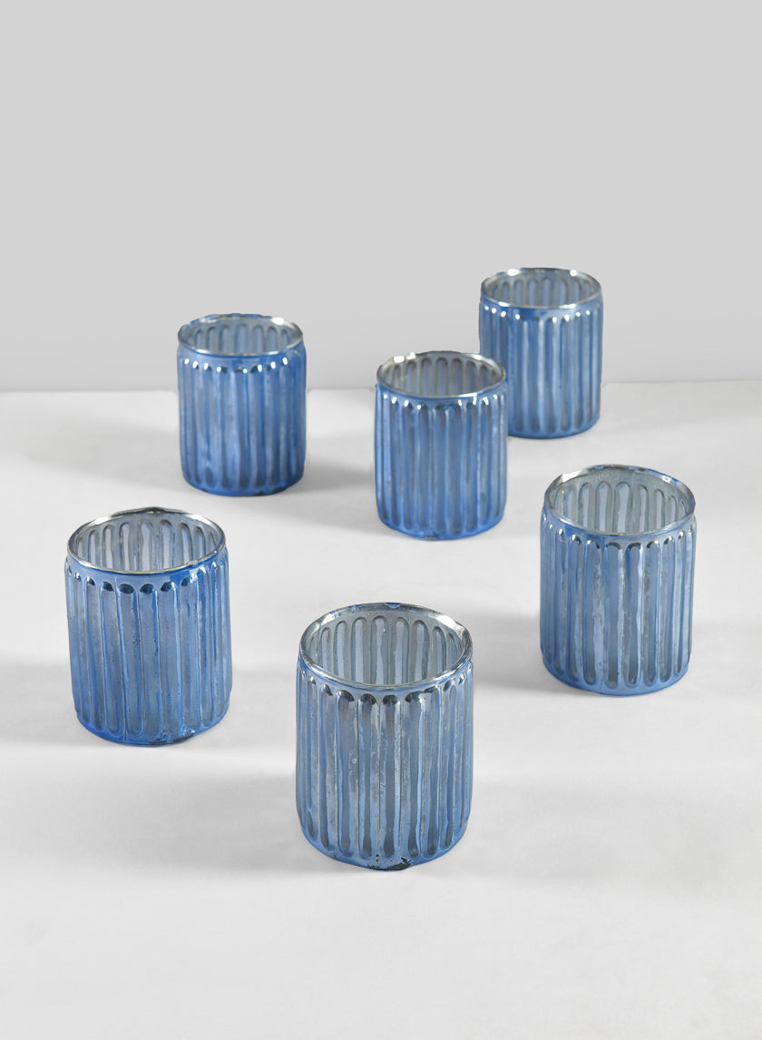 3in Tall La Fete en Antique Blue Glass Votive Holder Decor Jamali-garden