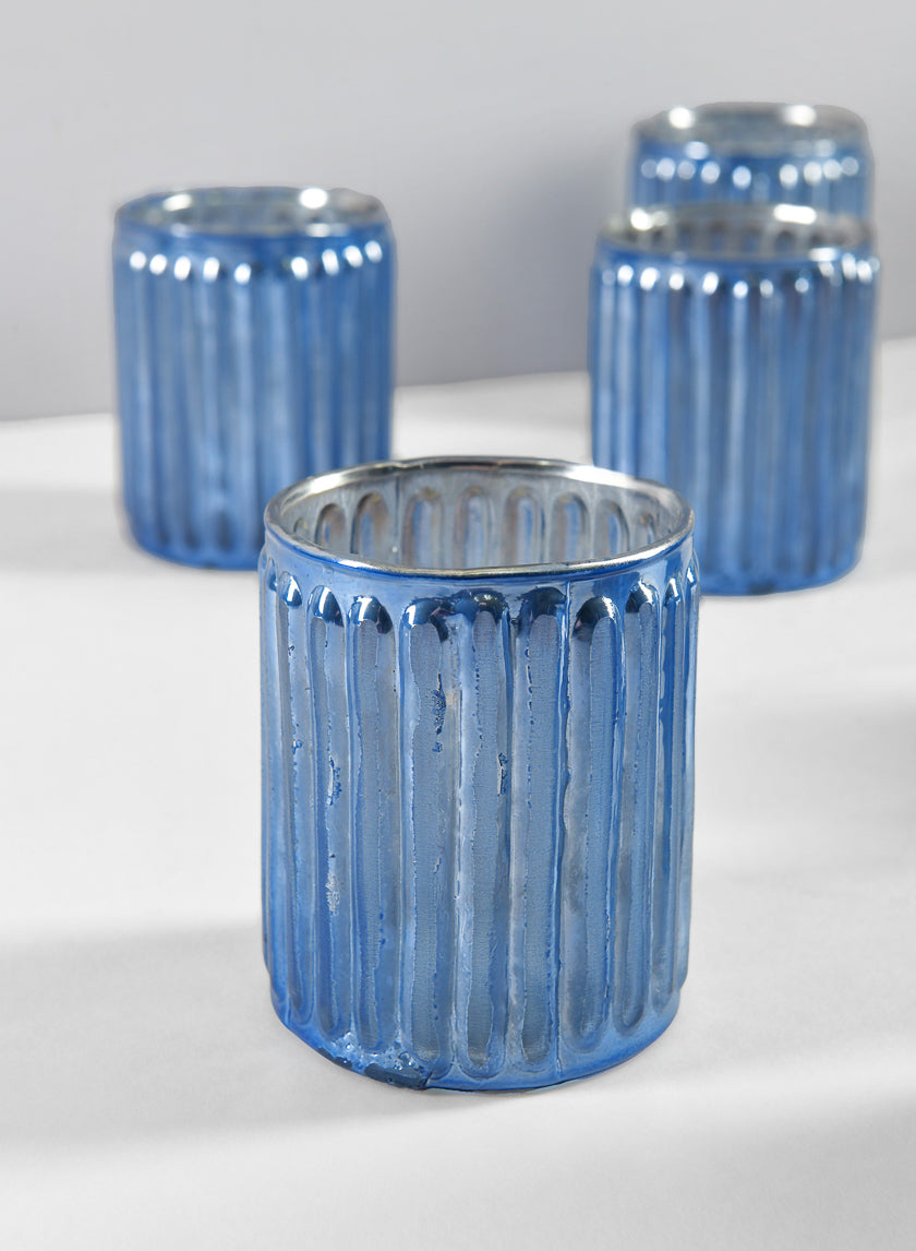 3in Tall La Fete en Antique Blue Glass Votive Holder Decor Jamali-garden
