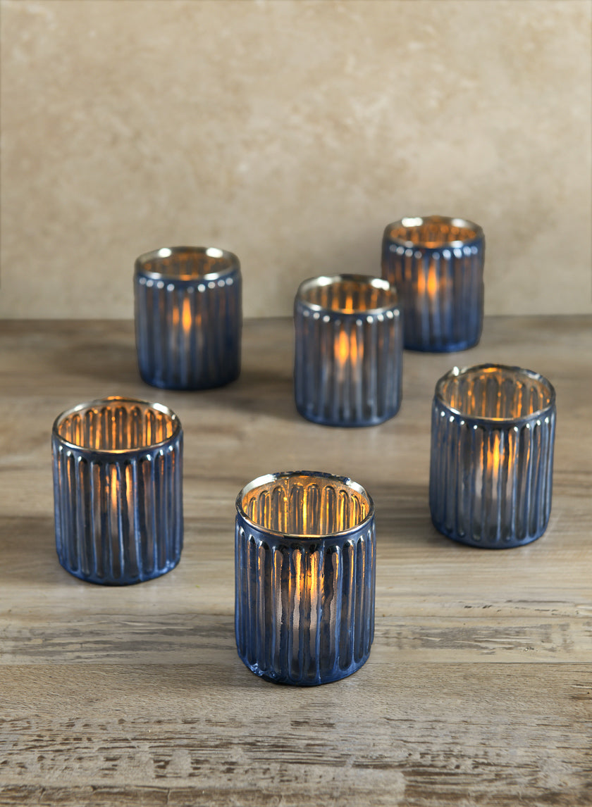 3in Tall La Fete en Antique Blue Glass Votive Holder Decor Jamali-garden