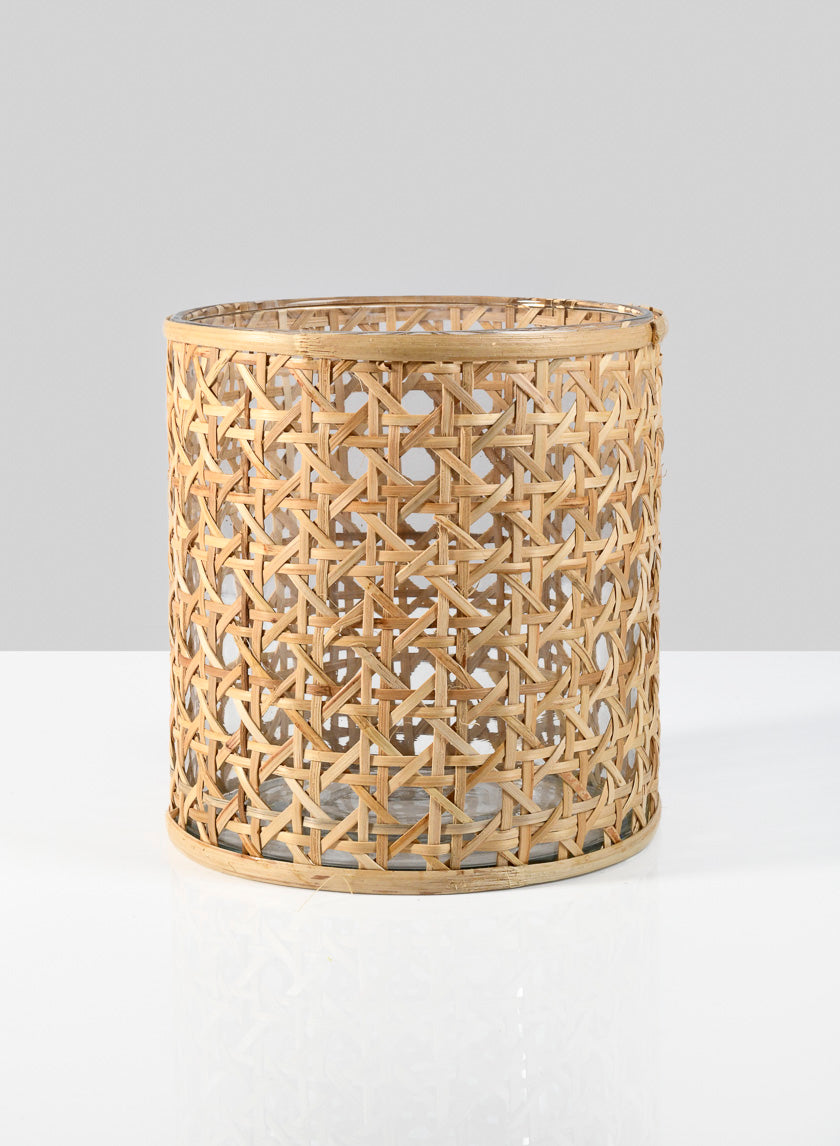 6.25in Tall Indochine Cane Weaved Glass Hurricane, Small Decor Jamali-garden