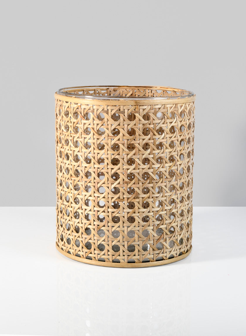10in Tall Indochine Cane Weaved Glass Hurricane, Large Decor Jamali-garden