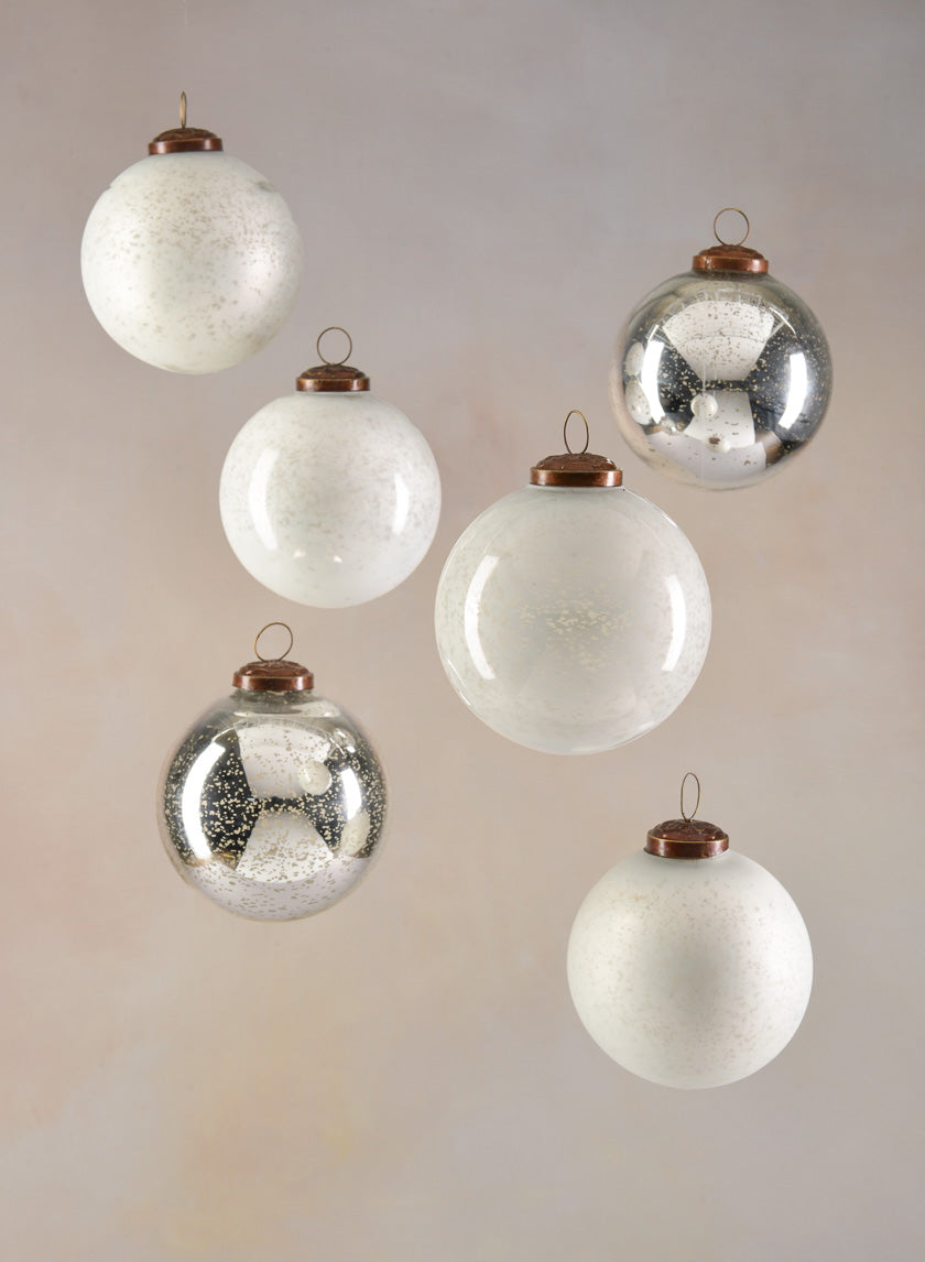 4in Round White &amp; Silver Vintage Glass Ornaments Decor Jamali-garden