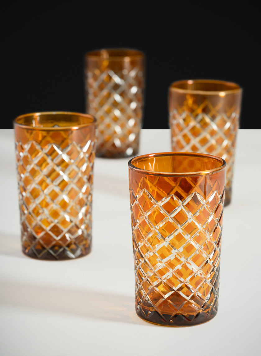 4.5in Tall Almira Amber Cut Glass Squares Votive Holder, Set of 4 Decor Jamali-garden