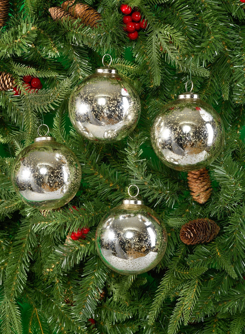 4in Round Antique Silver Glass Ornament Ball In Window Box Decor Jamali-garden
