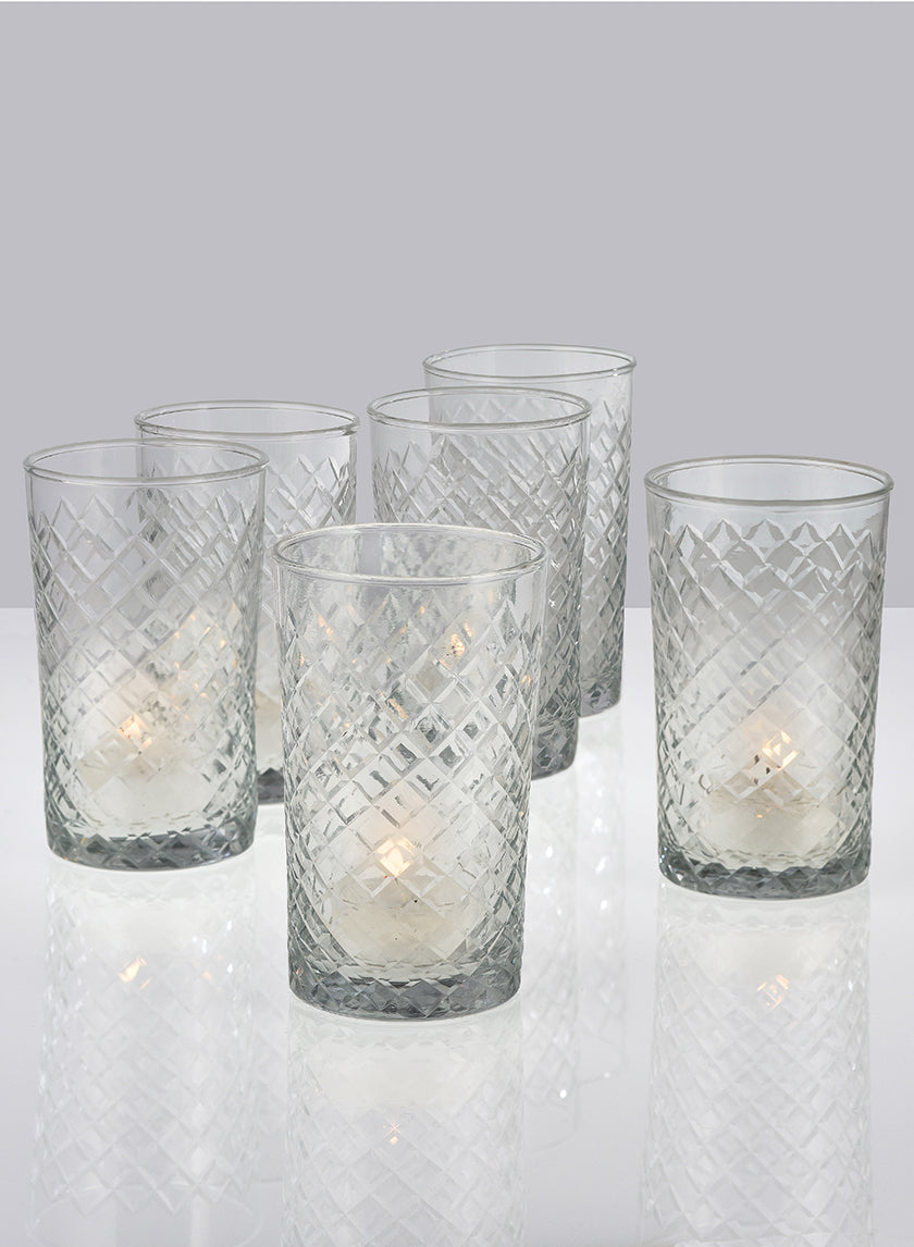 4 1/2in Tall Cut Glass Squares Votive Holder Decor Jamali-garden