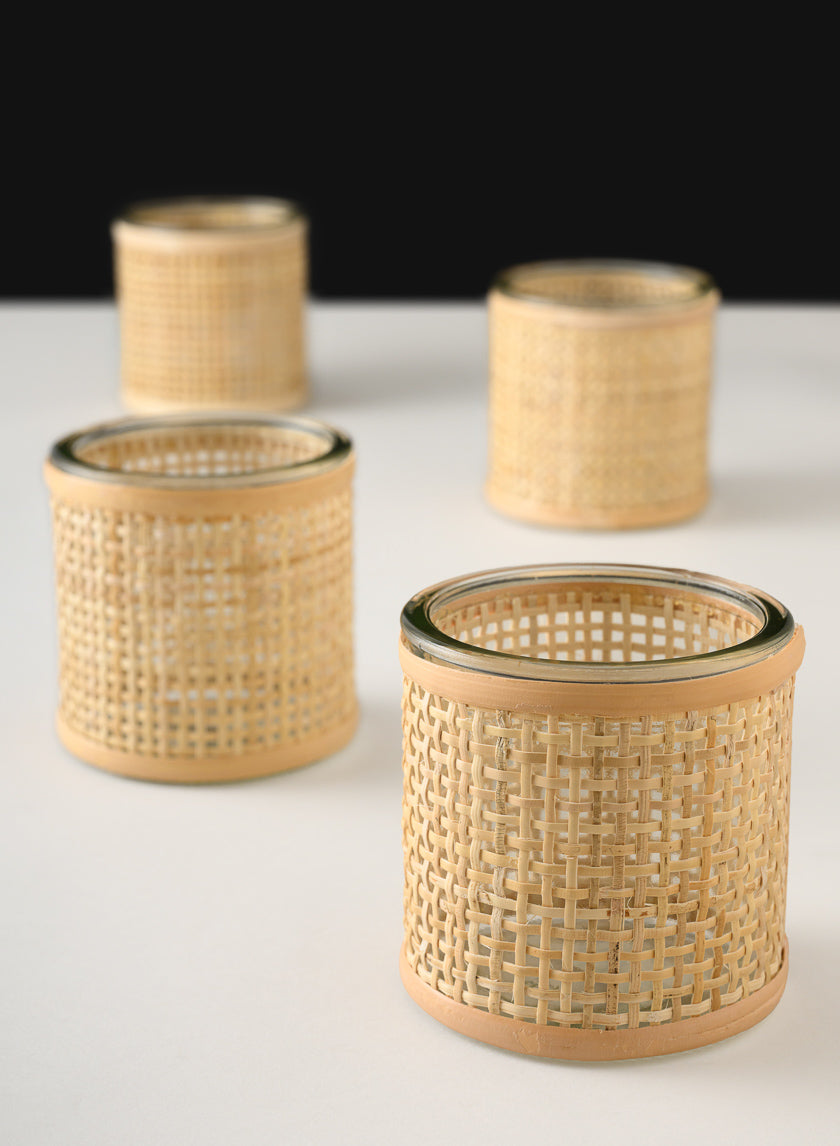 3in Tall Haiphong Cane Weaved Glass Cylinder, Set of 4 Decor Jamali-garden