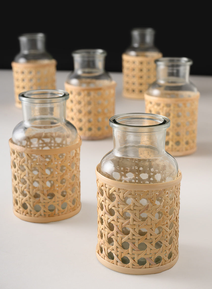 5in Tall Indochine Cane Weaved Glass Bottle Vase Decor Jamali-garden
