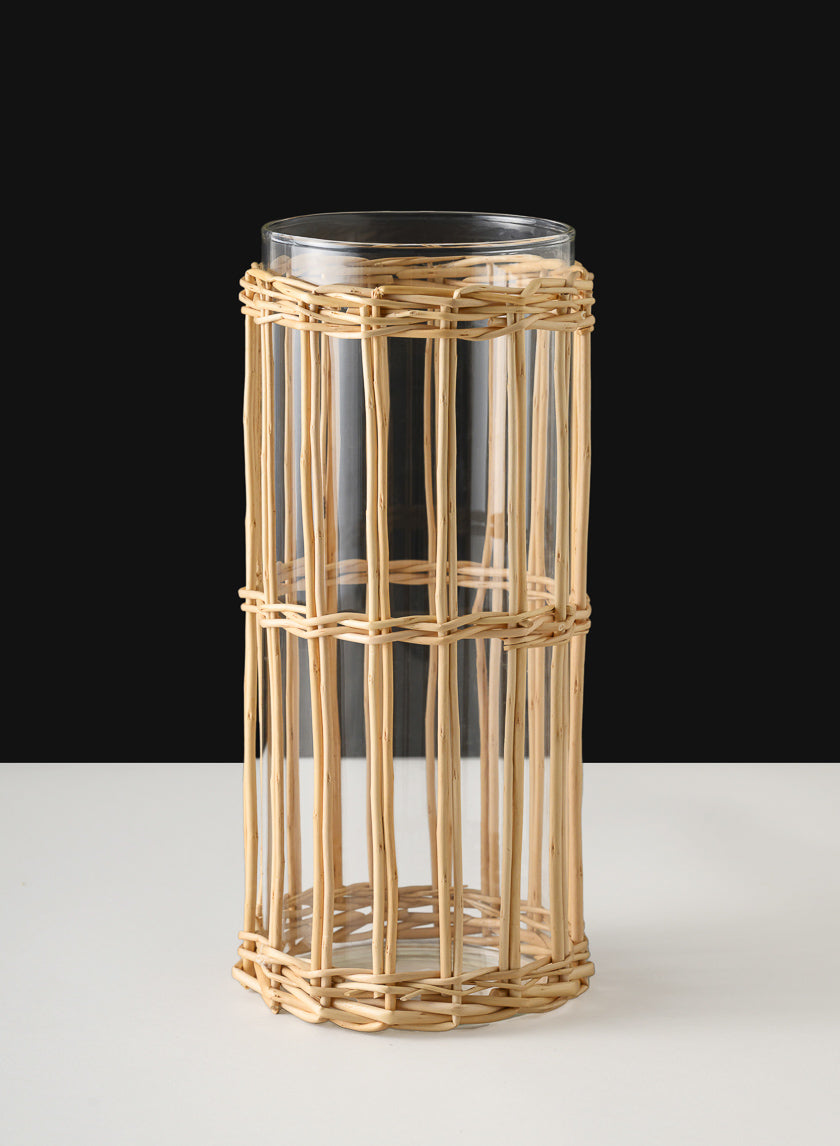 10in Tall Halong Cane Weaved Glass Cylinder Decor Jamali-garden